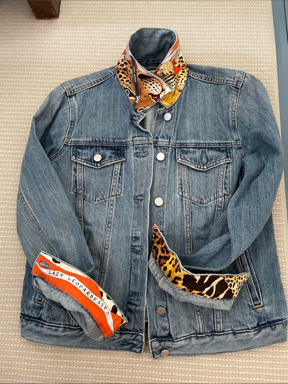 Hermes Blue Denim Jacket with Orange and Leopard Print Panel - Picture 5 of 6